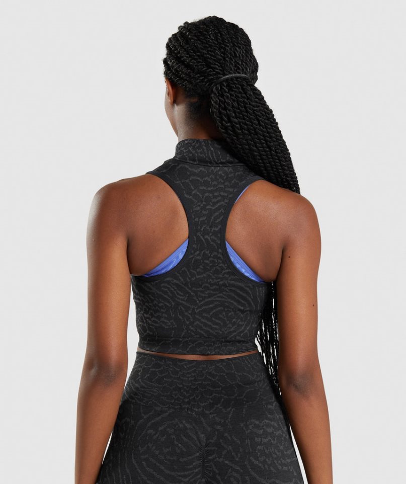 Women's Gymshark Adapt Animal Seamless 1/2 Zip Cropped Tops Black | NZ 7RPNHQ